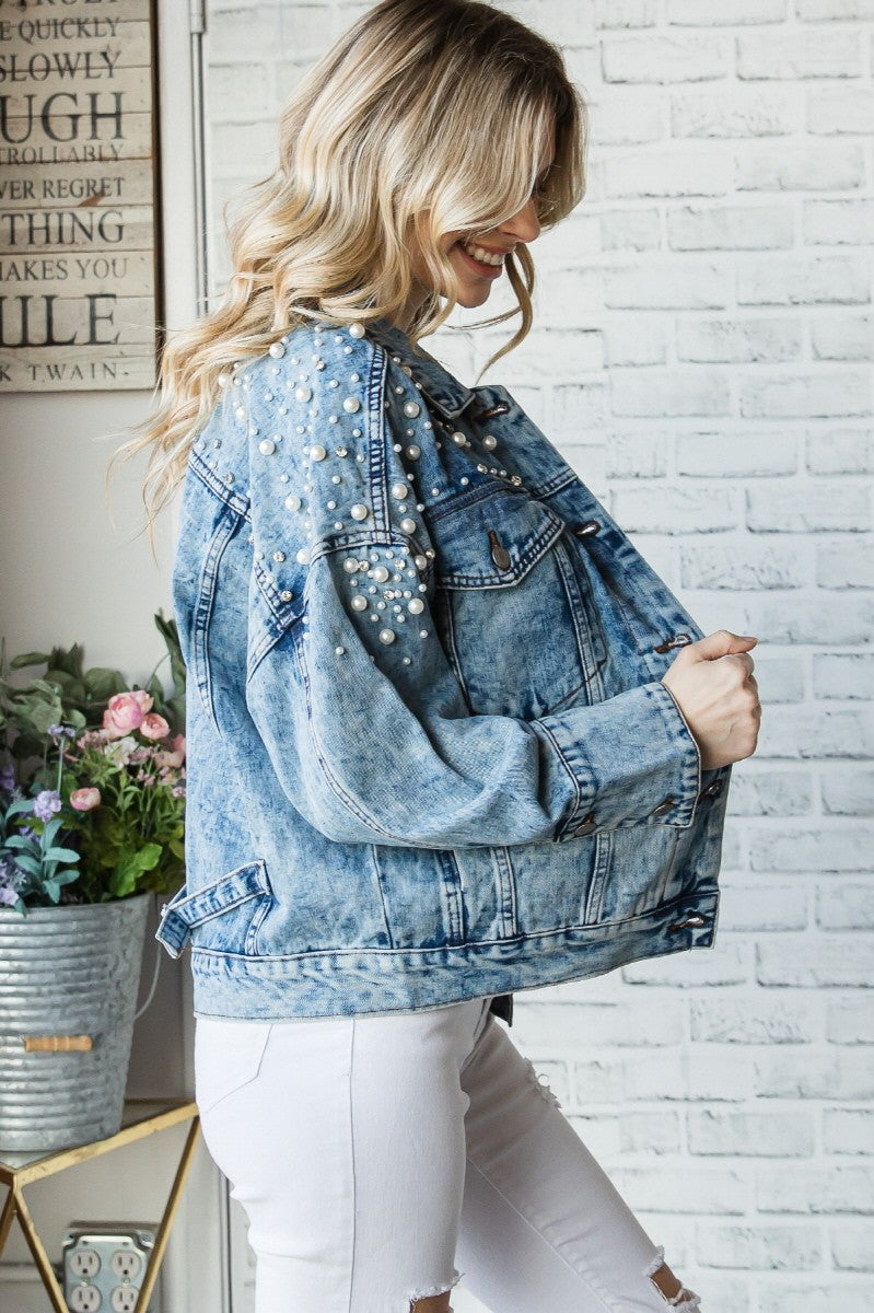 Blue jean sale jacket with pearls