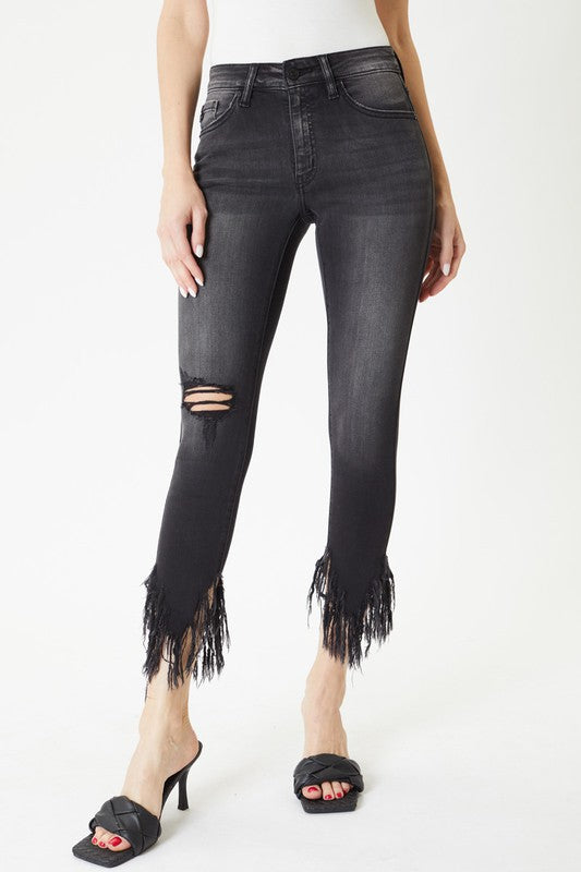 Mid Rise Frayed Hem Ankle Skinny Jean