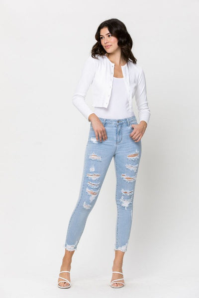 High Rise Distress Fray Hem Crop Skinny