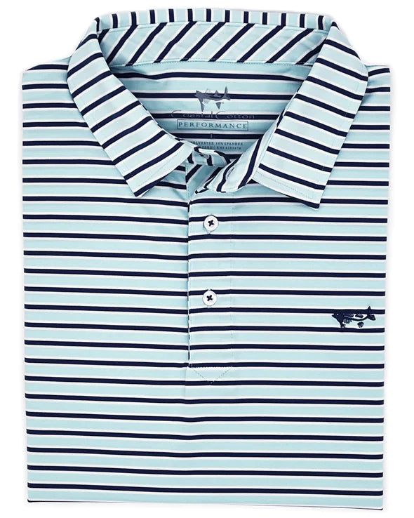 Coastal Cotton Indigo Mint Stripe Performance Polo